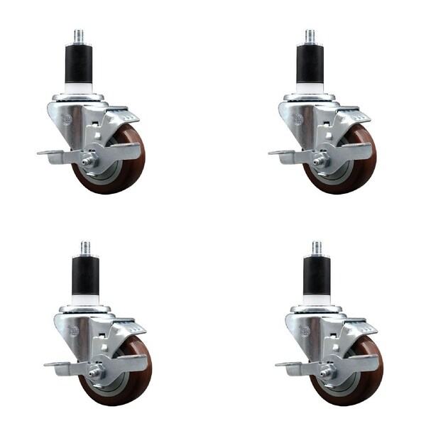 Service Caster 3'' SS Maroon Poly Swivel 1-1/2'' Expanding Stem Caster Set with Brake, 4PK SCC-SSEX20S314-PPUB-MRN-TLB-112-4 - main
